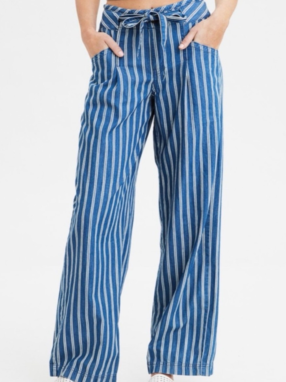 American Eagle Outfitters Blue and White Vertical Stripe Wide-Leg Pants Size 8